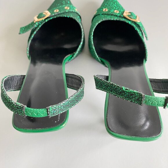 Green Sparkly Pointy Toe Sling Back Heeled Shoes Sz 10 - Picture 6 of 12